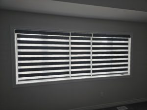 Modern living room in Whitby featuring stylish Zebra Blinds from ShutterOutlet.ca