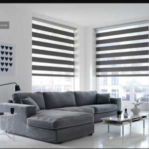 Custom zebra blinds installed in modern Angus Ontario home living room