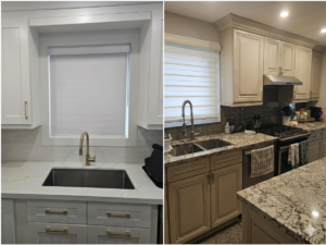 “Before and after installation of custom zebra blinds in a modern kitchen by Shutter Outlet in Toronto, Ontario.”