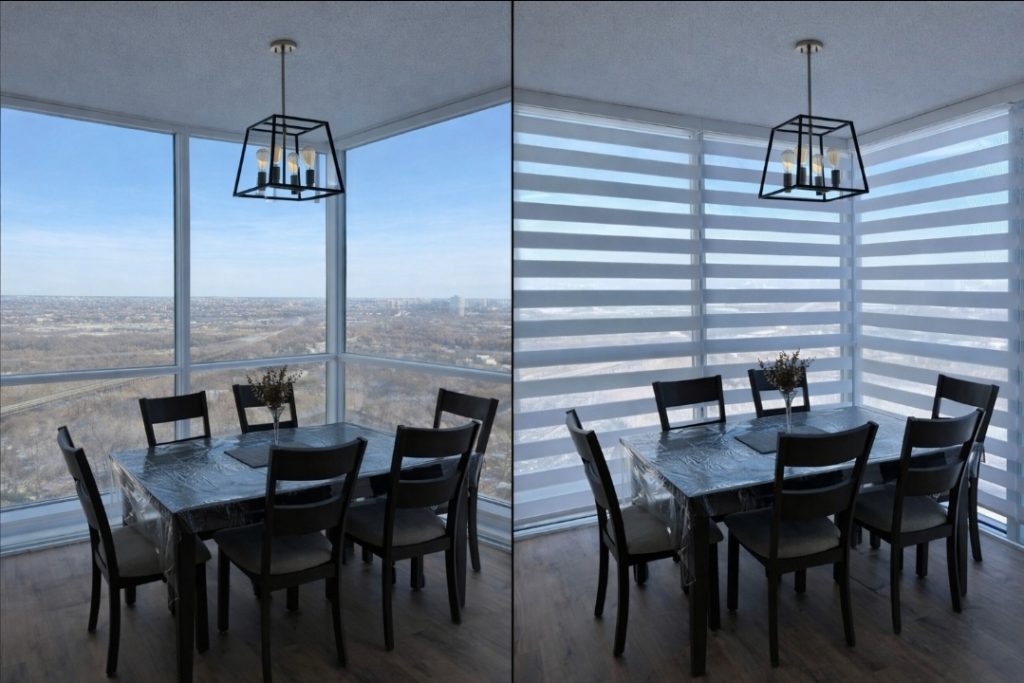 zebra blinds installed in toronto condo living room skyline view