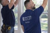 Shutter Outlet team installing motorized blinds in a Toronto home