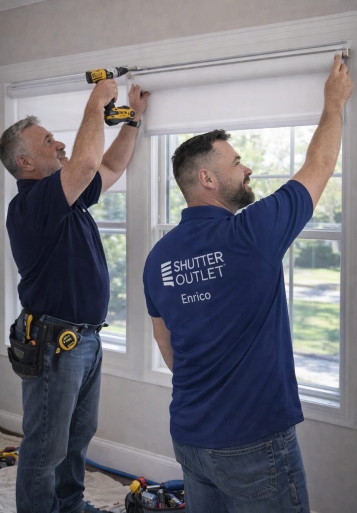 Shutter Outlet team installing motorized blinds in a Toronto home