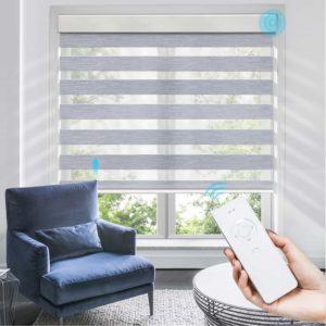 Motorized zebra blinds installed in Toronto home controlled with remote