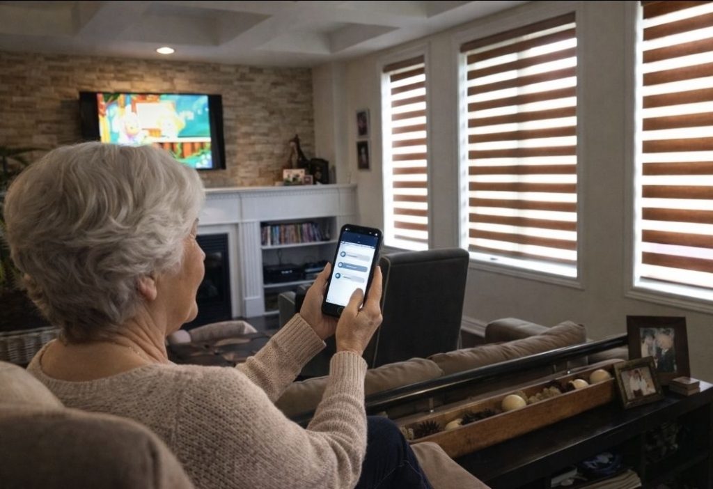 Motorized smart blinds installed in a modern Toronto living room with large windows