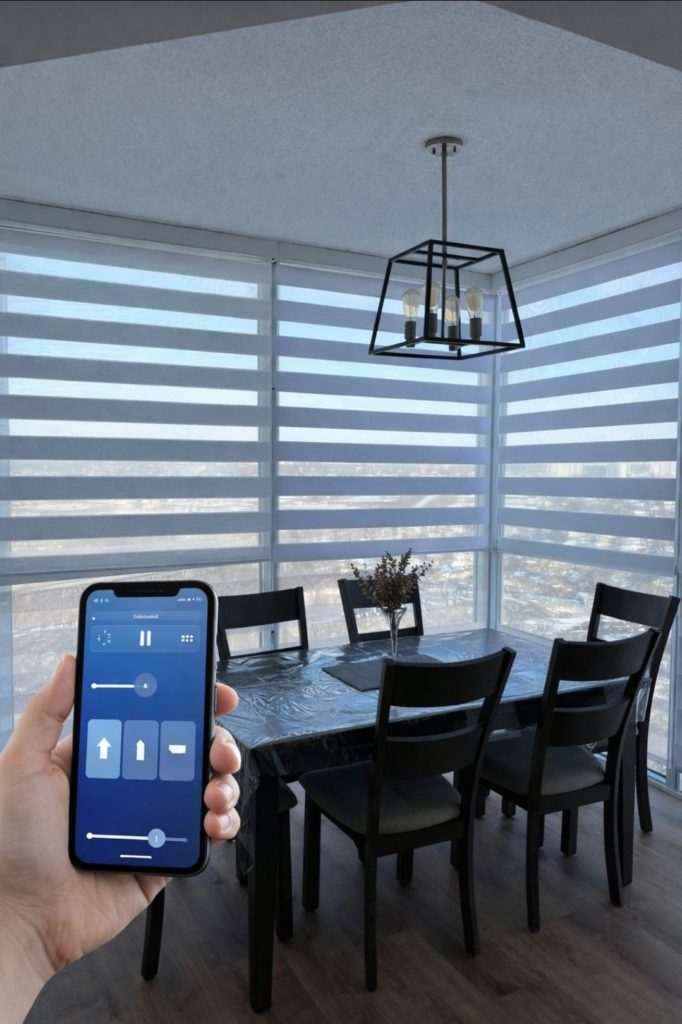 Motorized blinds in modern Toronto home controlled by smartphone