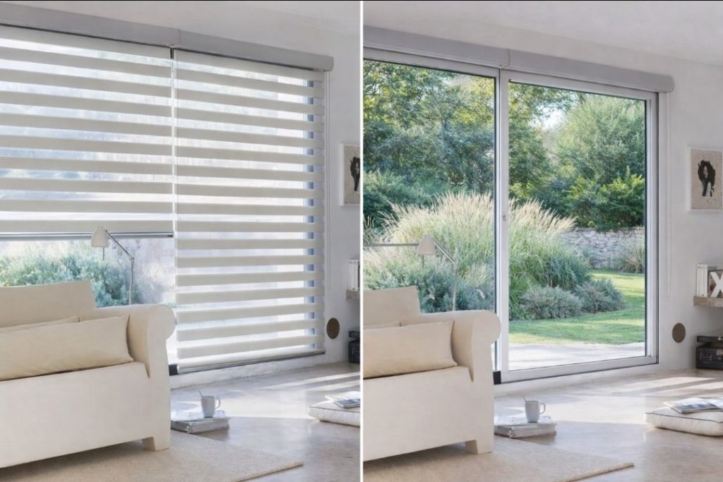 Before and after patio door blinds installation
