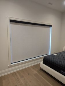Custom roller shades installed in Caledon Ontario bedroom