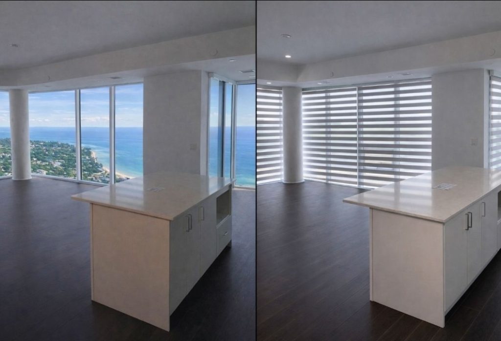 Before and after zebra blinds installation in Blue Mountain Ontario