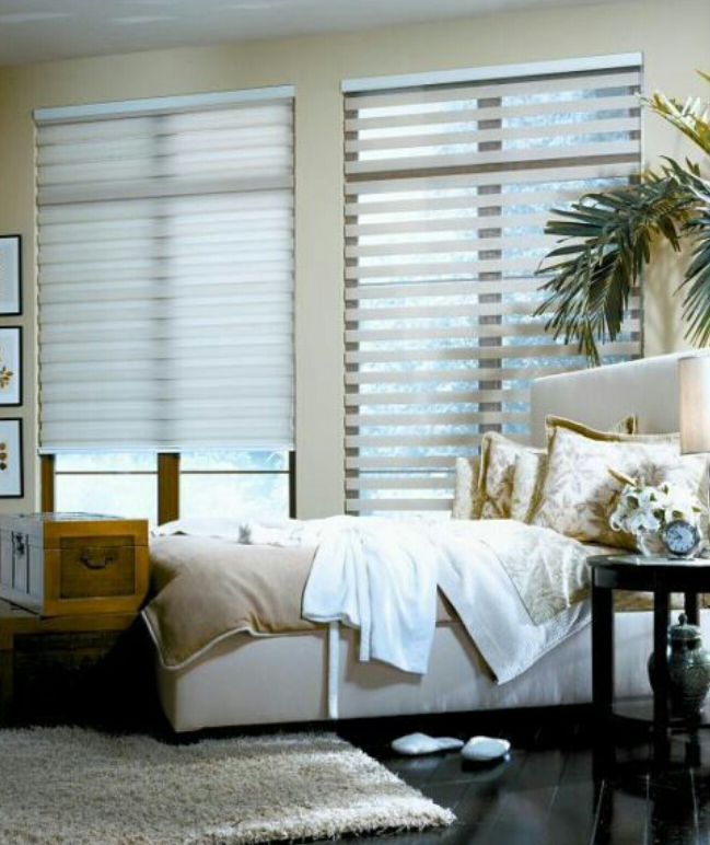Custom zebra blinds installed in an Ontario living room, bedroom and condominium