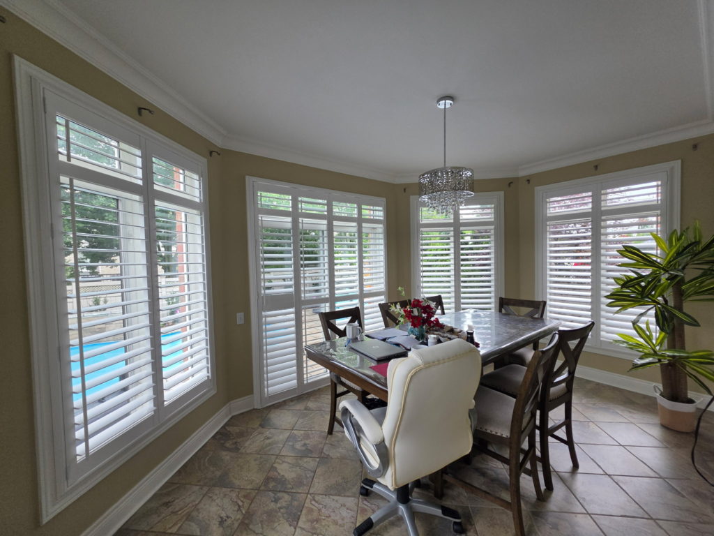 Custom California shutters installed on a bay window in an Ontario home