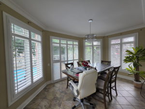 Custom California shutters installed on a bay window in an Ontario home