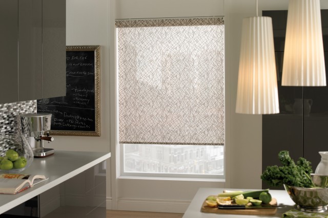 Modern kitchen with motorized roller blinds in Toronto and Southern Ontario.